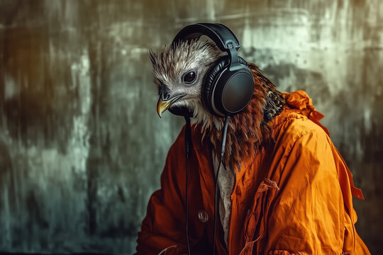 Wyluzowany ptak  słucha muzykę w słuchawkach na głowie - 005