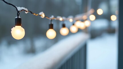 Twinkling string lights on a snow-covered porch, casting a soft glow over the winter scene