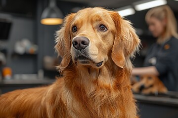 A professional pet groomer delicately brushing a small dog's fur in a well-lit grooming salon. Generative AI