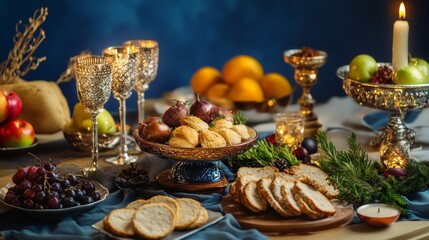 Naklejka premium An elegant table spread with assorted fruits, baked goods, and candles during a festive gathering in a warmly lit setting. Hanukkah.