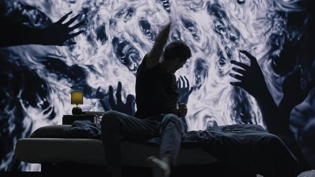 Haunting Nightmare Scene Person On Bed With Ghostly Hands Dark Horror Paranormal