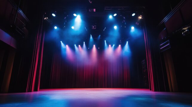 A modern theater stage with dramatic lighting and performers in costume, Performing arts theme, Theatrical style