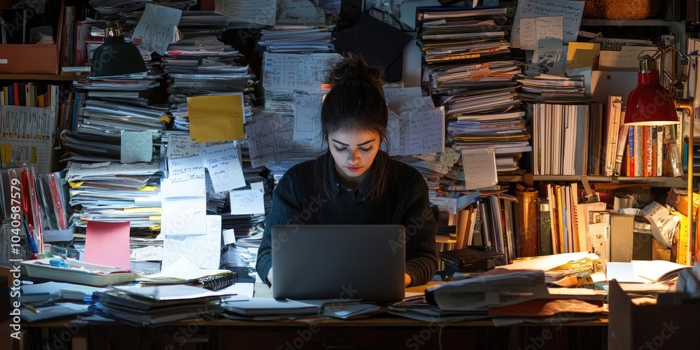 Aufkleber A researcher compiling data on a laptop at a cluttered desk filled with research materials.