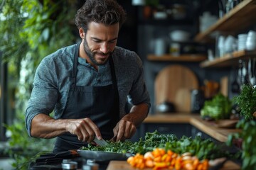 A man confidently cooking dinner in a modern kitchen. Generative AI