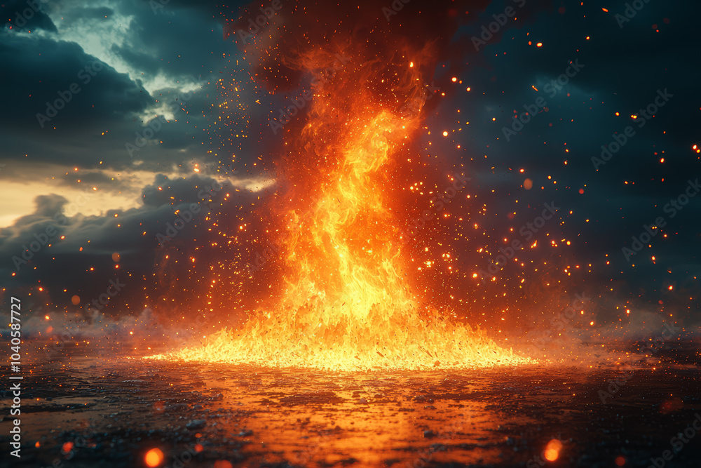 Wall mural a spark igniting a fire that spreads across a vast landscape, symbolizing the creation of something 