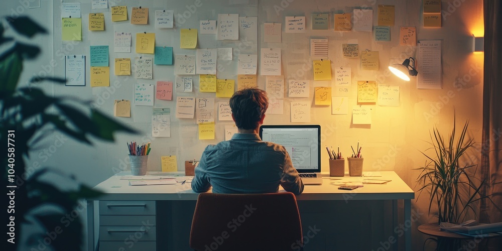 Aufkleber a startup founder brainstorming ideas on a laptop in an informal office with whiteboards and sticky 