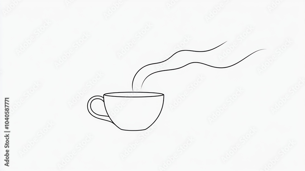 Poster a minimalist line art showcases a tea cup, with soft steam lines wafting upward, symbolizing relaxat