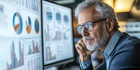 A senior manager assessing financial performance, with multiple charts displayed on a large screen in a modern office, showing a serious expression.