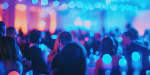 A corporate event with a large group, shown in a defocused image with abstract lighting.