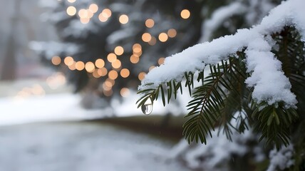 Raindrop on snow-covered evergreen leaf with serene atmosphere and bokeh lights