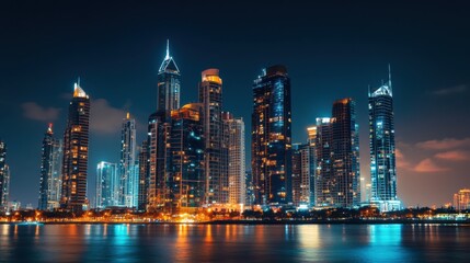 Obraz premium A modern urban skyline at night with illuminated skyscrapers, symbolizing the dynamic and cosmopolitan nature of city life, City scene