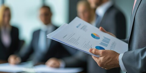 A senior consultant presenting a business proposal, holding printed documents in a conference room, confidently with colleagues in the background.