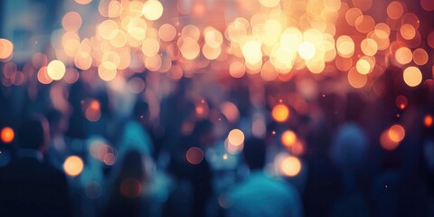A business meeting with a crowd of professionals, depicted in a blurred image with abstract background and defocused lights.