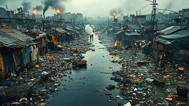 A polluted river flows through an impoverished slum, highlighting the environmental and social challenges.