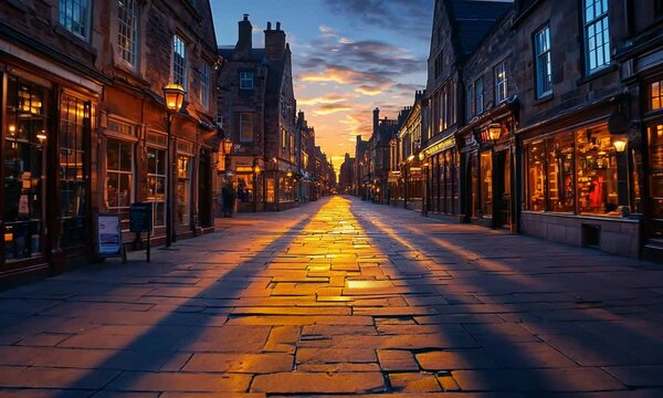 Empty cobblestone street with a sunset sky and old buildings.