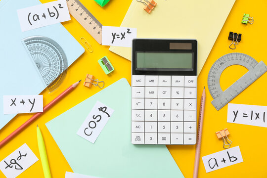 Calculator, school stationery, different math formulas and equations on yellow background