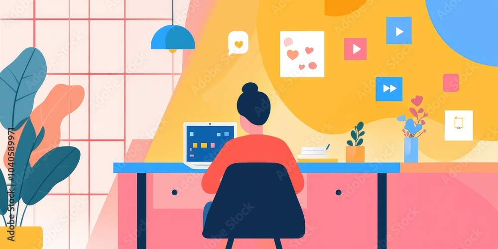 Aufkleber a social media manager planning content on a laptop in a colorful and dynamic office space.