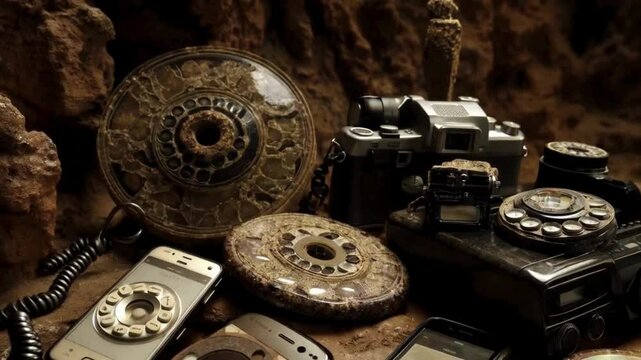 Outdated Technology Fossils: Fossilized Mobile Phones, Cameras, Cassette Tapes, and More in Dark Cave Scene