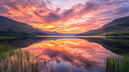 Fototapeta premium A lambent sunset reflected on a still lake, with vibrant oranges and pinks softly blending into the sky.