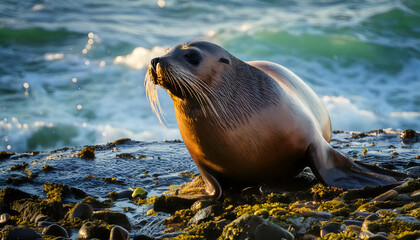 A majestic sea lion basks on a rocky shore as the sun sets, highlighting its sleek body. Waves crash gently in the background, symbolizing natural beauty and wildlife harmony