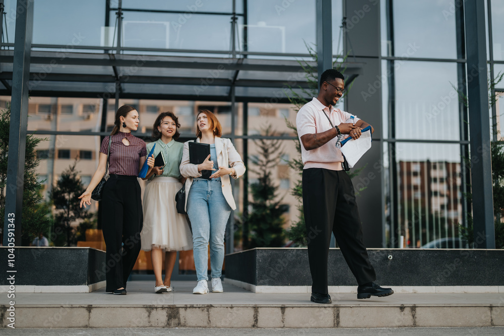 Wall mural A group of young business people leaving a contemporary office building, engaged in conversation and checking time, capturing the essence of teamwork and corporate lifestyle.