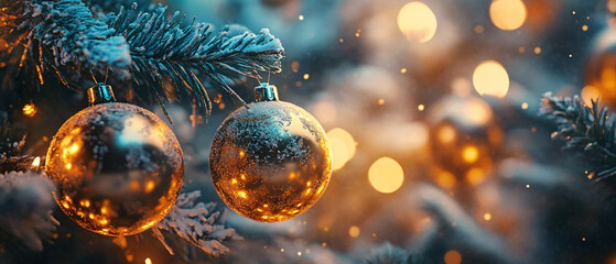 Sparkling Christmas Ornament on Snowy Pine Branch with Warm Lights, Sparkling Christmas Ornament on Snowy Pine Branch with Warm Ligh