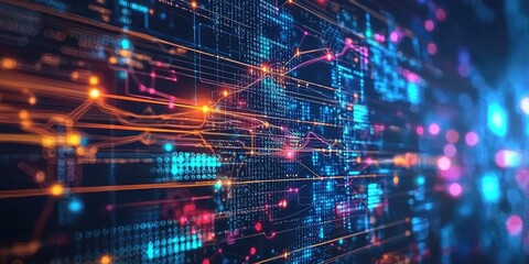 Obraz premium Advanced AI algorithms displayed as colorful data visualizations in a futuristic digital space.
