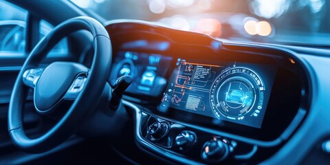 A close-up of an electric cars digital dashboard highlights its sleek interface, high-tech features, and modern convenience.