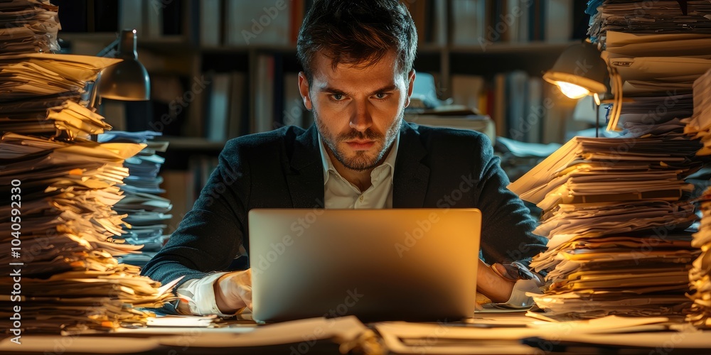 Poster a corporate executive working late on a laptop in an office with dim lighting, surrounded by stacks 