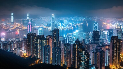 Fototapeta premium A panoramic view of a bustling city skyline at night, Urban nightlife theme, Dynamic style