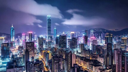 A panoramic view of a bustling city skyline at night, Urban nightlife theme, Dynamic style