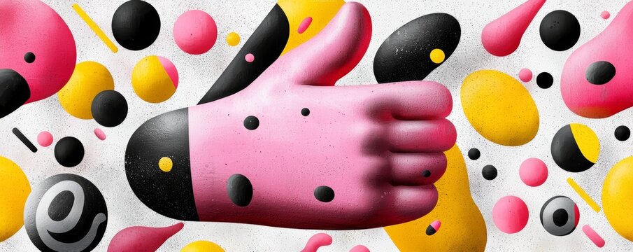 A collage with a graphic thumbs-up illustration surrounded by intersecting lines and retro shapes, using pastel pink, black, and yellow tones for a contemporary look.