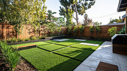elegant garden design featuring geometric grass sections, cedar fencing