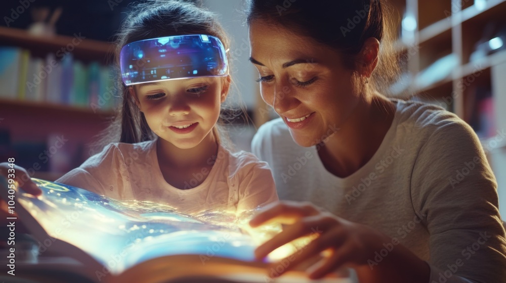 Poster A parent nurturing a child's creativity through interactive digital art lessons with augmented reality tools, Creative education scene, Augmented reality style