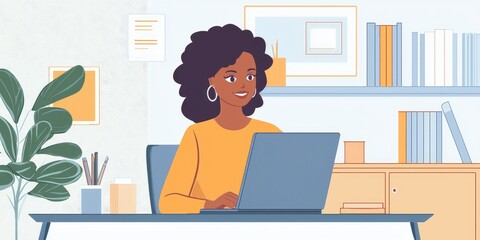 A remote worker participating in a virtual team meeting on a laptop, set up in a home office with collaborative tools, actively engaged in the discussion.