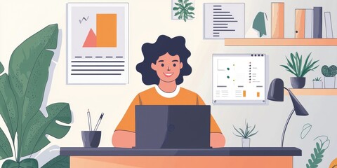 A remote worker participating in a virtual team meeting on a laptop, set up in a home office with collaborative tools, actively engaged in the discussion.