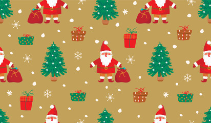 Funny seamless pattern with Christmas tree and Santa Claus.Cartoon background with snowflakes,gifts,fir in pots,cute character with bag.Festive print on fabric and paper.Vector design for textile.