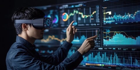 Virtual reality financial analysis presented through dynamic graphs and AI models.