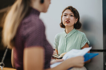 Fototapeta premium Two business professionals engage in a thoughtful conversation in a modern city environment, showcasing diversity and collaboration in an urban business setting.