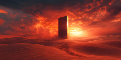 In the heart of a vast, desolate desert, a solitary door stands upright, leading to nowhere. Surrounded by endless sand dunes and a crimson sky, the eerie scene evokes the fear of being trapped