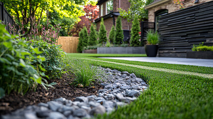 minimalist backyard landscape with perfect lawn striping, architectural fence detail