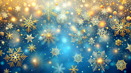 christmas golden background with stars and snowflakes on blue festive background, New Year