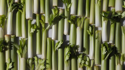 Obraz premium Pattern of green celery stalks casting shadows on white background