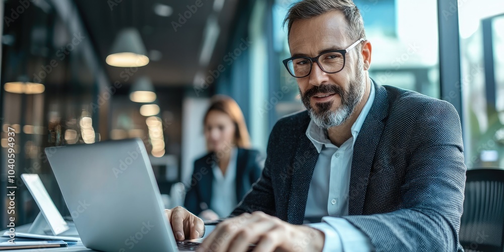 Poster a business leader conducting a virtual meeting on a laptop, seated in a high-tech office, focused on