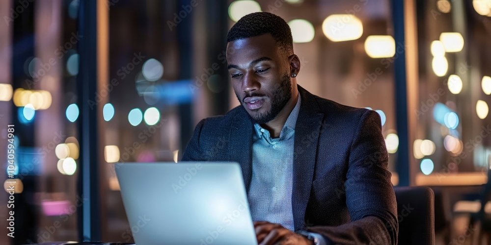 Aufkleber a business leader conducting a virtual meeting on a laptop, seated in a high-tech office, focused on
