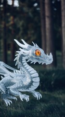 Fototapeta premium Silver dragon sculpture with detailed scales and sharp teeth, set against blurred human figures.