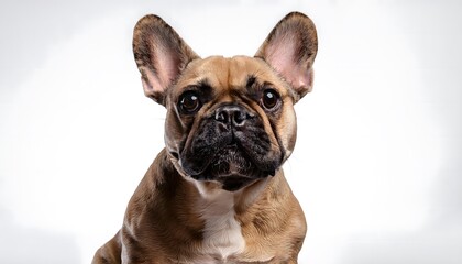 Fototapeta premium French Bulldog sitting with ears perked up on a clean white background, looking curiously ahead