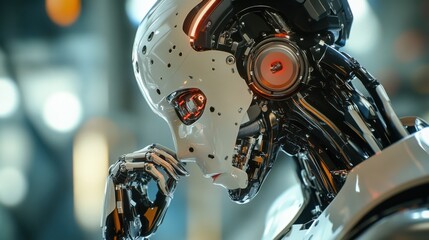 Fototapeta premium A detailed shot of the advanced AI reasoning modules and decision-making algorithms of a humanoid cognitive assistant robot in an AI research institute, Robotics style, photo of