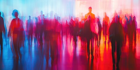 Obraz premium Blurred figures at a press conference, captured with soft lighting and abstract background elements.