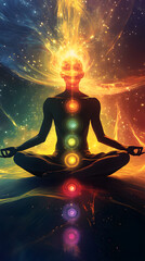 A person meditating in a cosmic environment with colorful energy centers illuminated at night, showcasing a serene spiritual journey